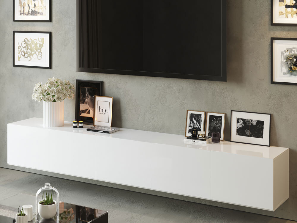 3m White Floating Tv Unit 300cm Wall, White Gloss Wall Mounted Tv Cabinet