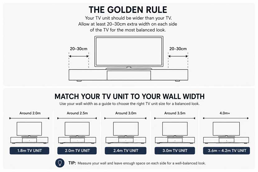 TV unit size guide based on wall width